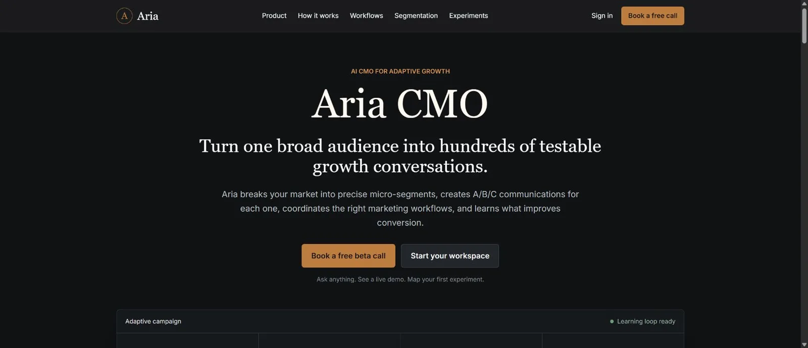 Live Aria CMO product website showing its audience segmentation and experimentation platform