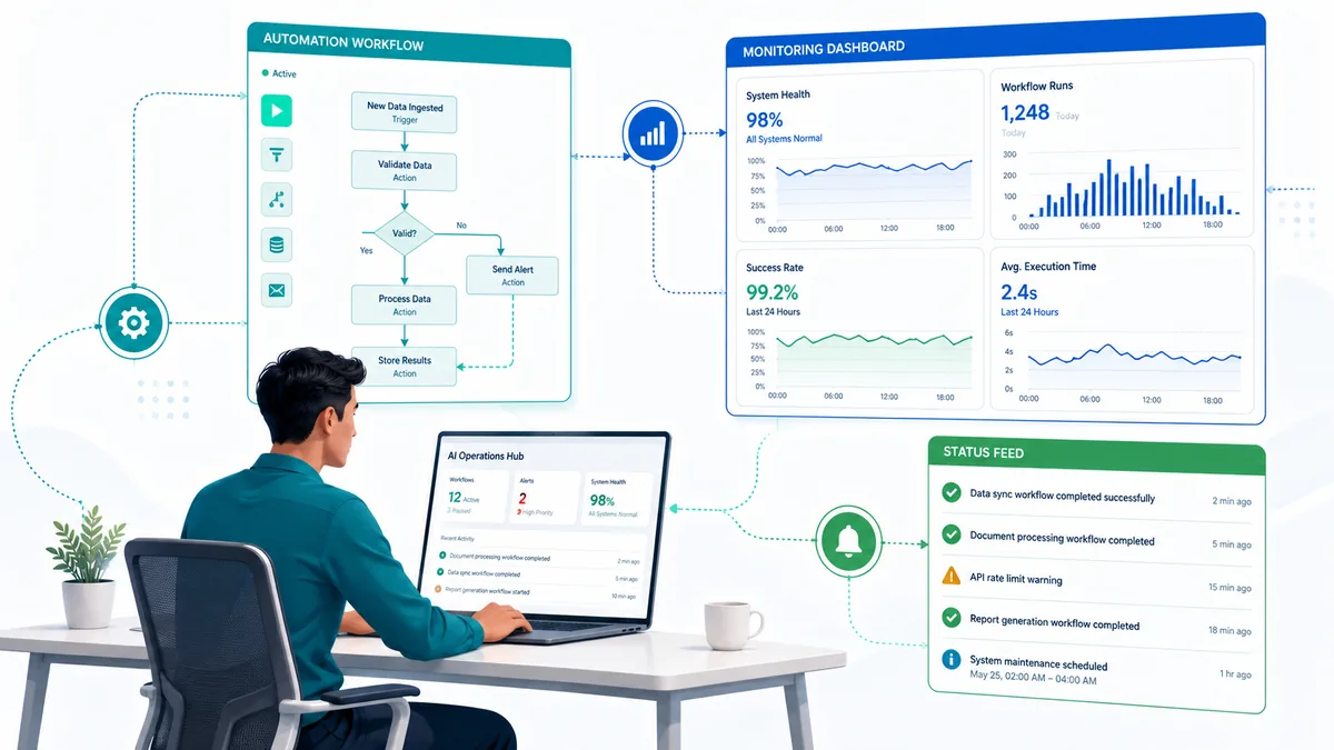 Person orchestrating connected AI operations panels — automation workflow, monitoring dashboard, and status feed — representing Fluixo's founder-led model